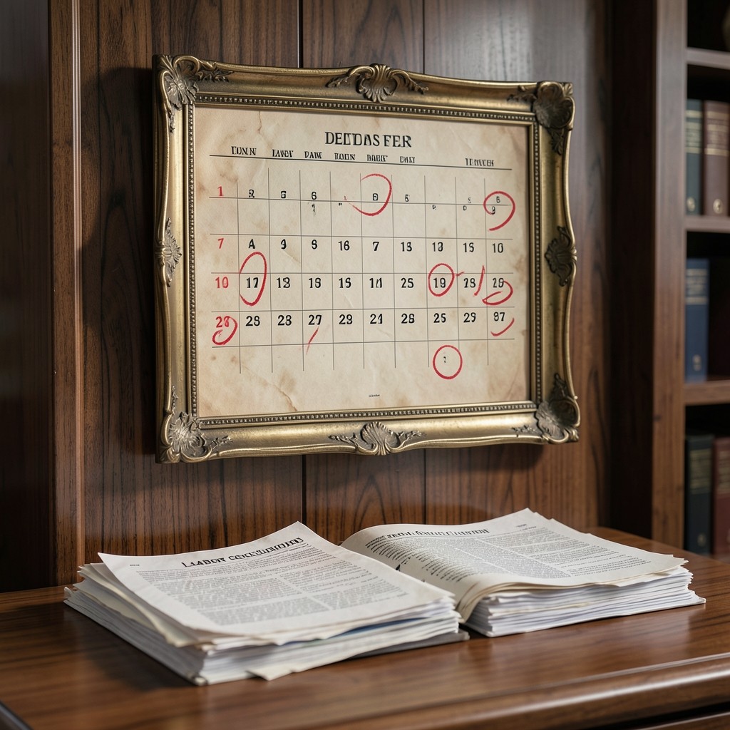 Calendario de pared con fechas señaladas y documentos de conciliación laboral