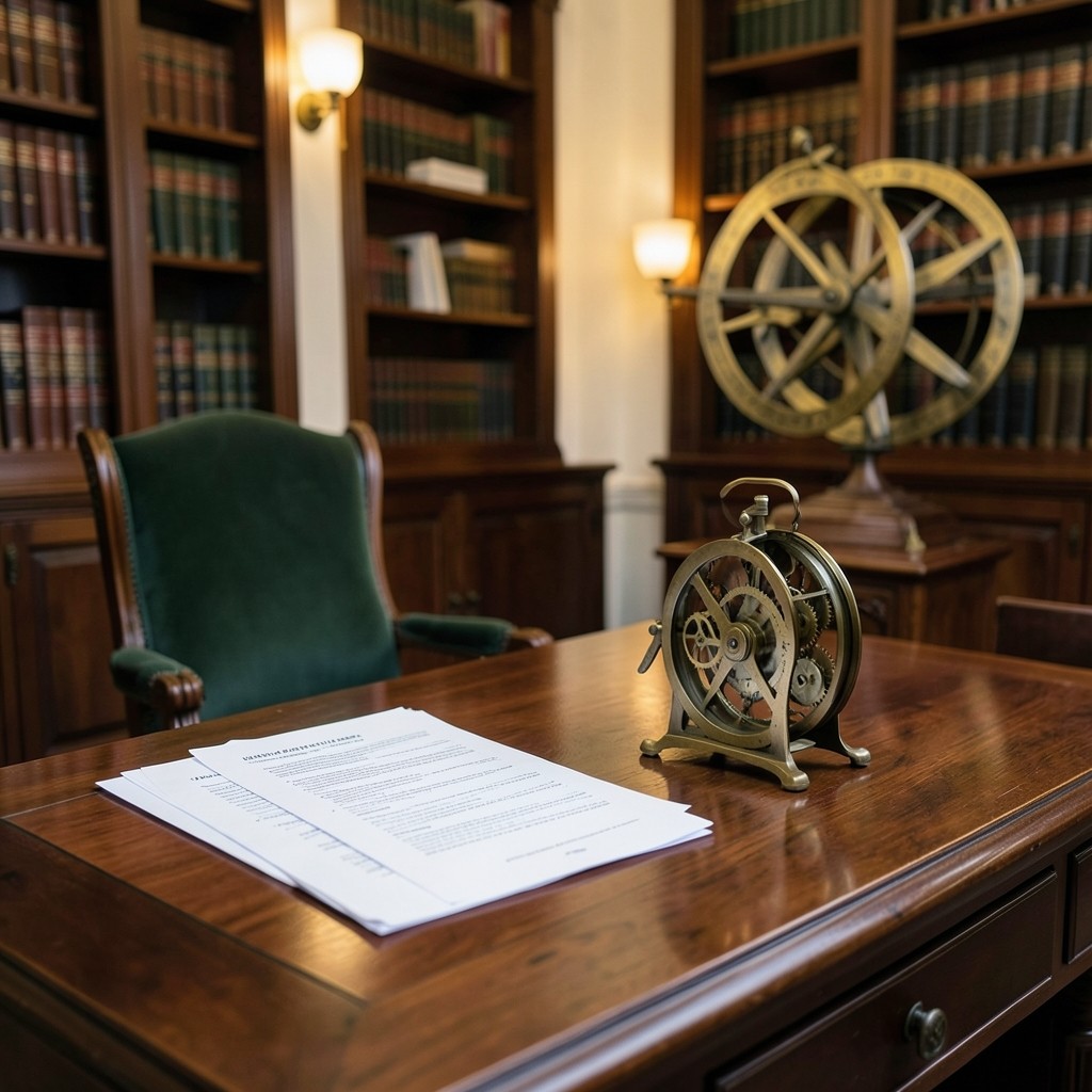 Oficina de consultoría laboral con documentos de contrato y reloj de precisión sobre escritorio de madera