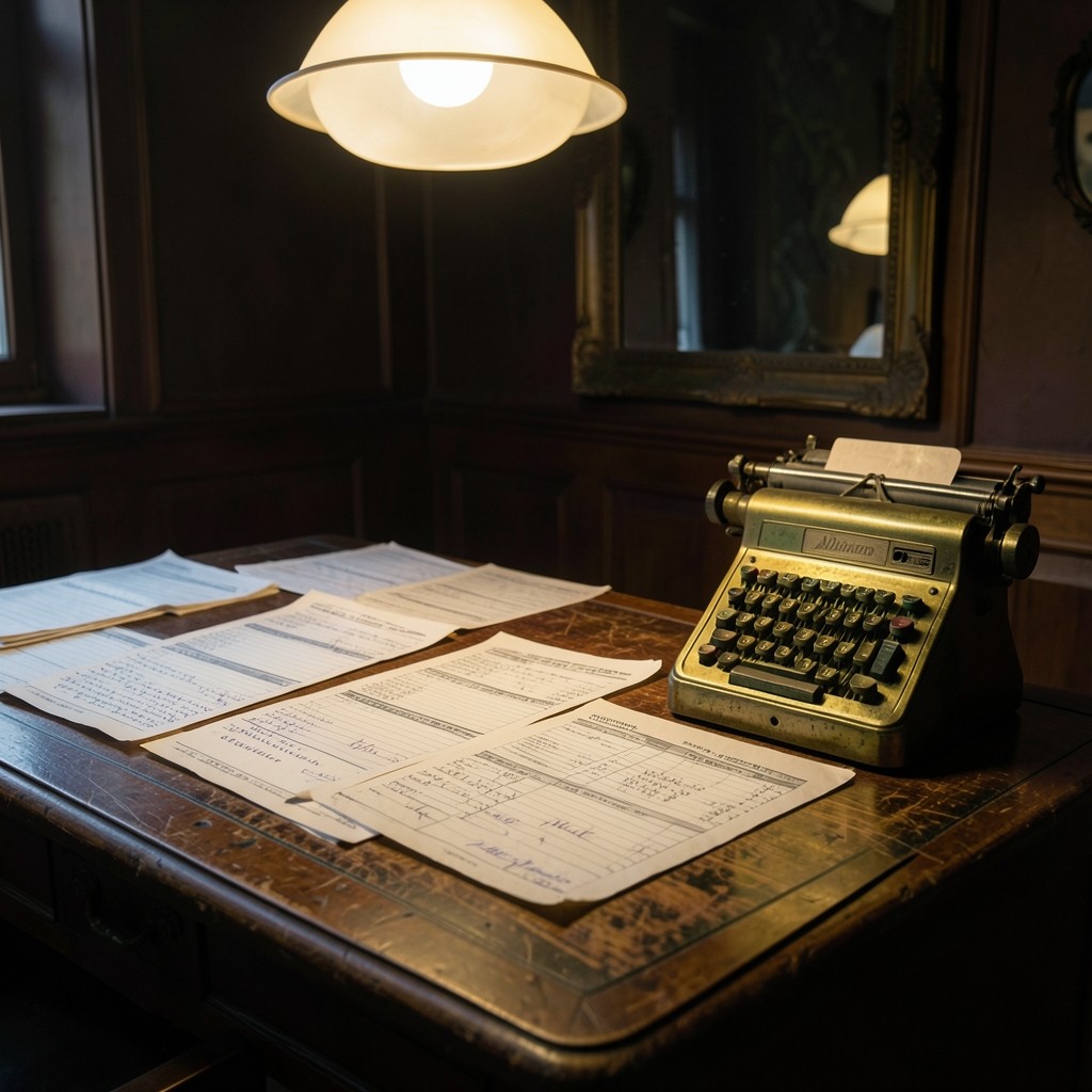 Registro horario y nóminas sobre escritorio con calculadora mecánica de latón