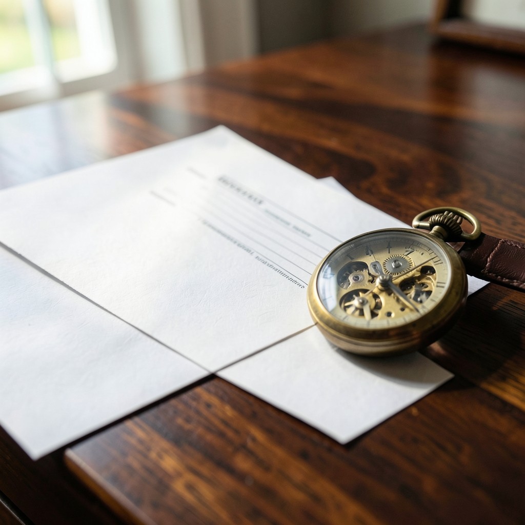 Documentos de contrato laboral a tiempo parcial sobre mesa de madera con reloj de precisión